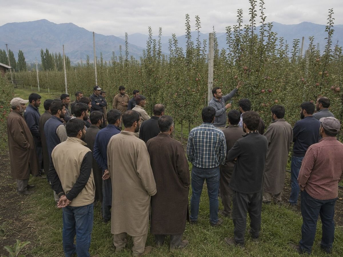 A large group of growers standing among trellised trees while a Qul field officer points up into the canopy.