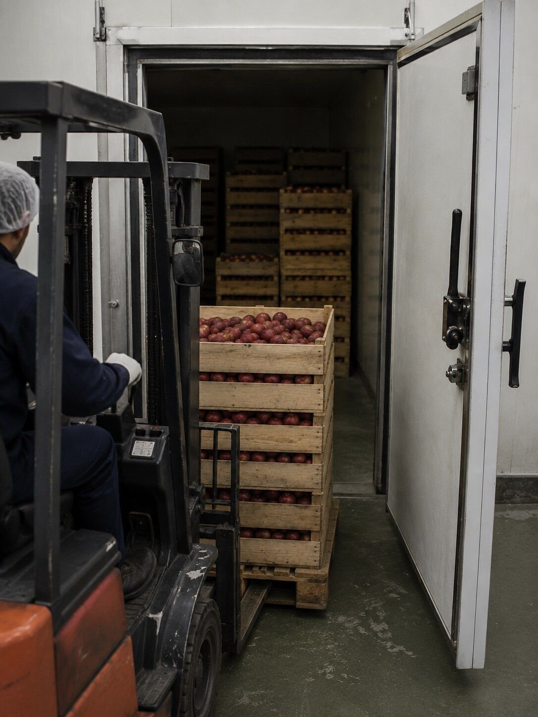 A forklift carrying a stacked pallet of apple crates through the door of a cold store.