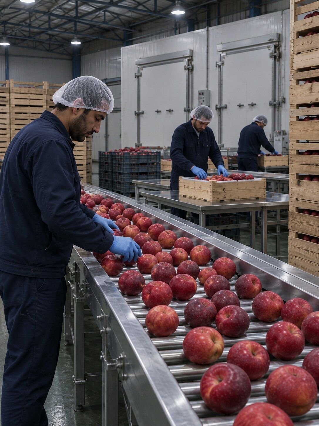 Workers in hairnets and gloves sorting red apples along a packhouse conveyor, with stacked wooden crates behind.