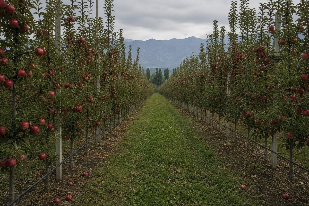 A high-density apple orchard in trellised rows heavy with red fruit, mountains behind.