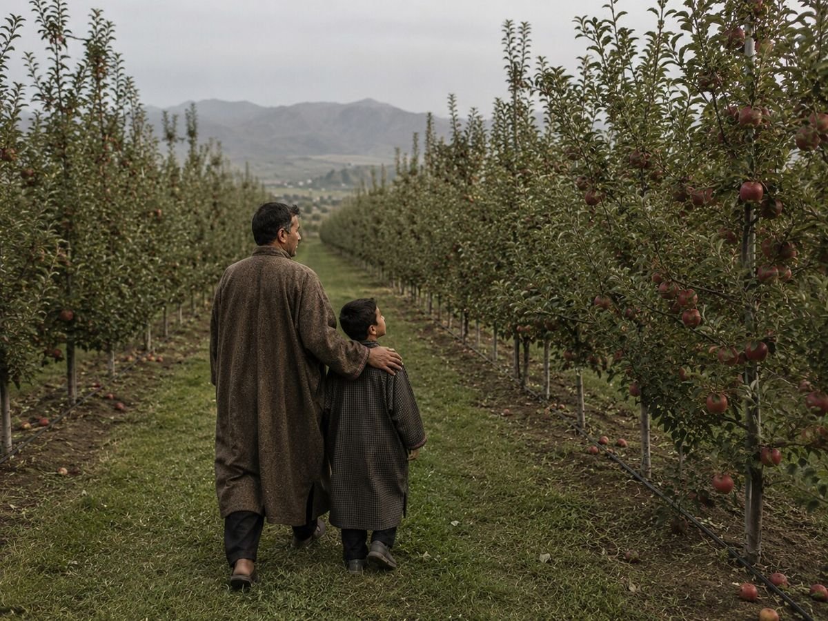 A man and a boy walking away down a grassed row of a fruit-laden apple orchard, mountains beyond.